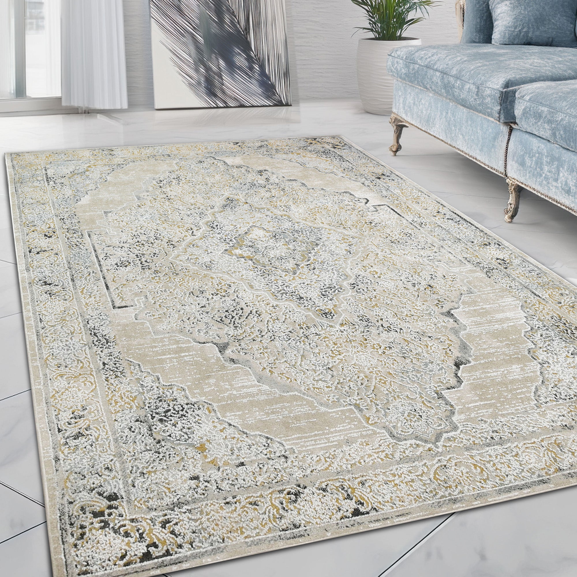Plush beige and gray rug with vibrant multicolor accents