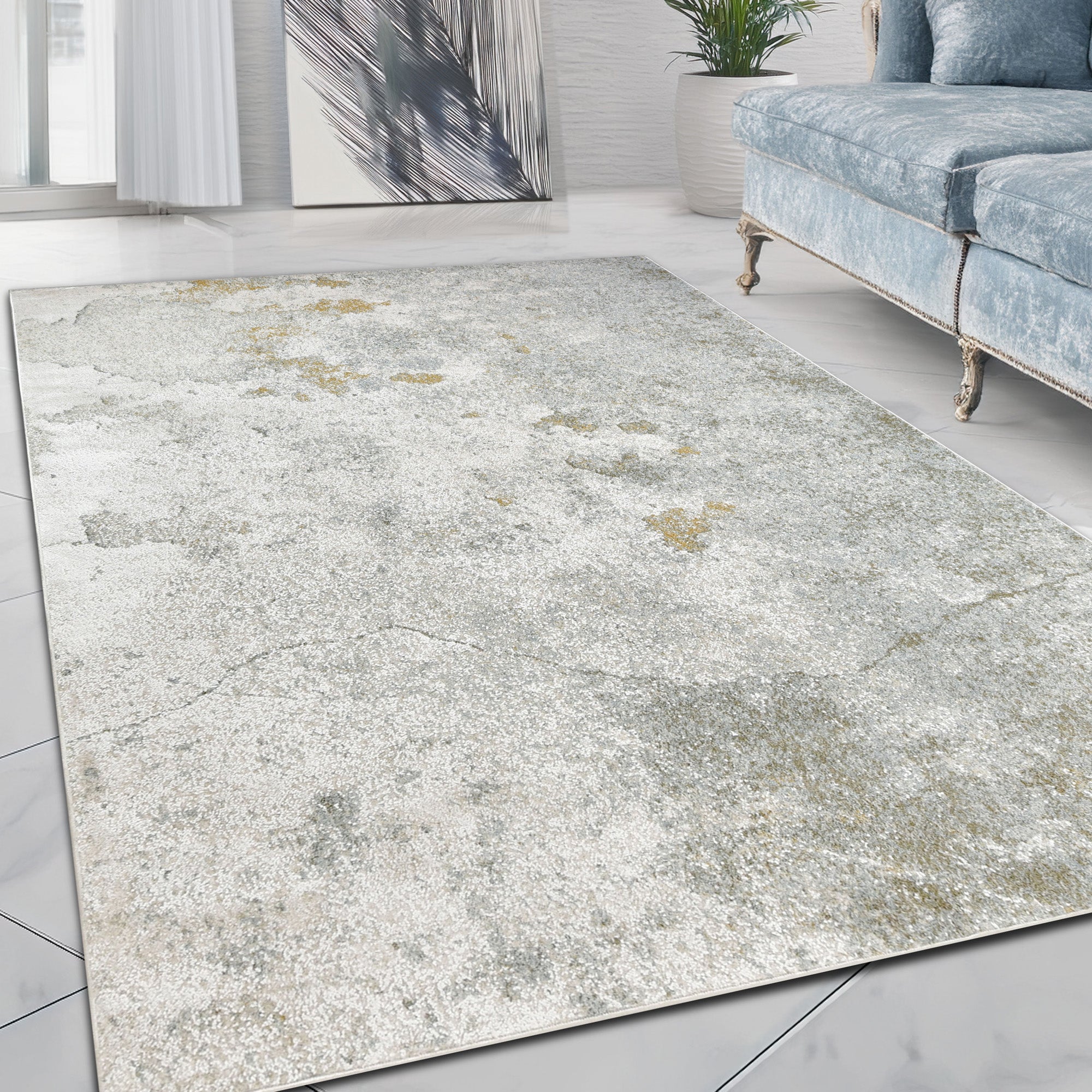 Modern abstract runner rug with gold and steel blue design