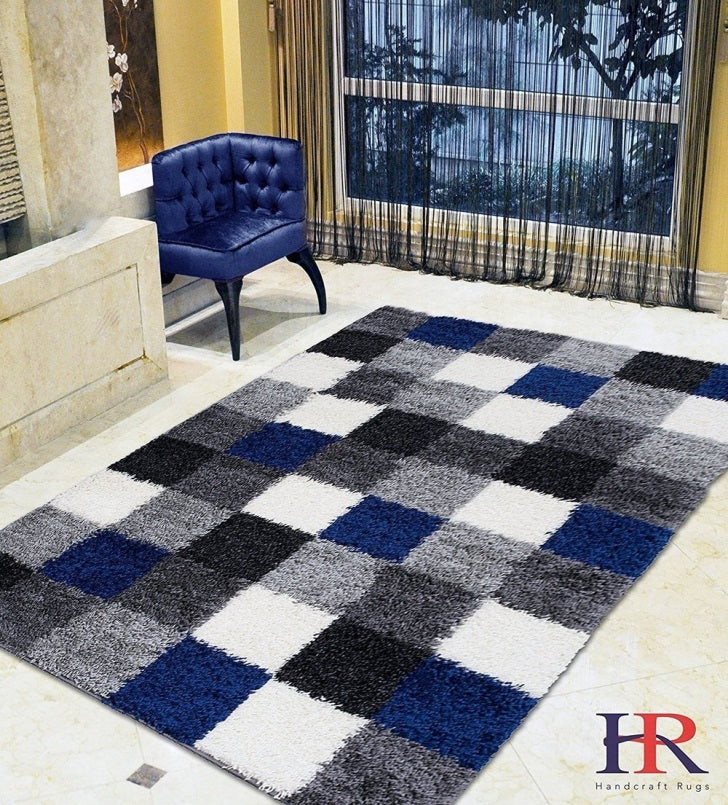 blue, black, white and gray checkered area rug