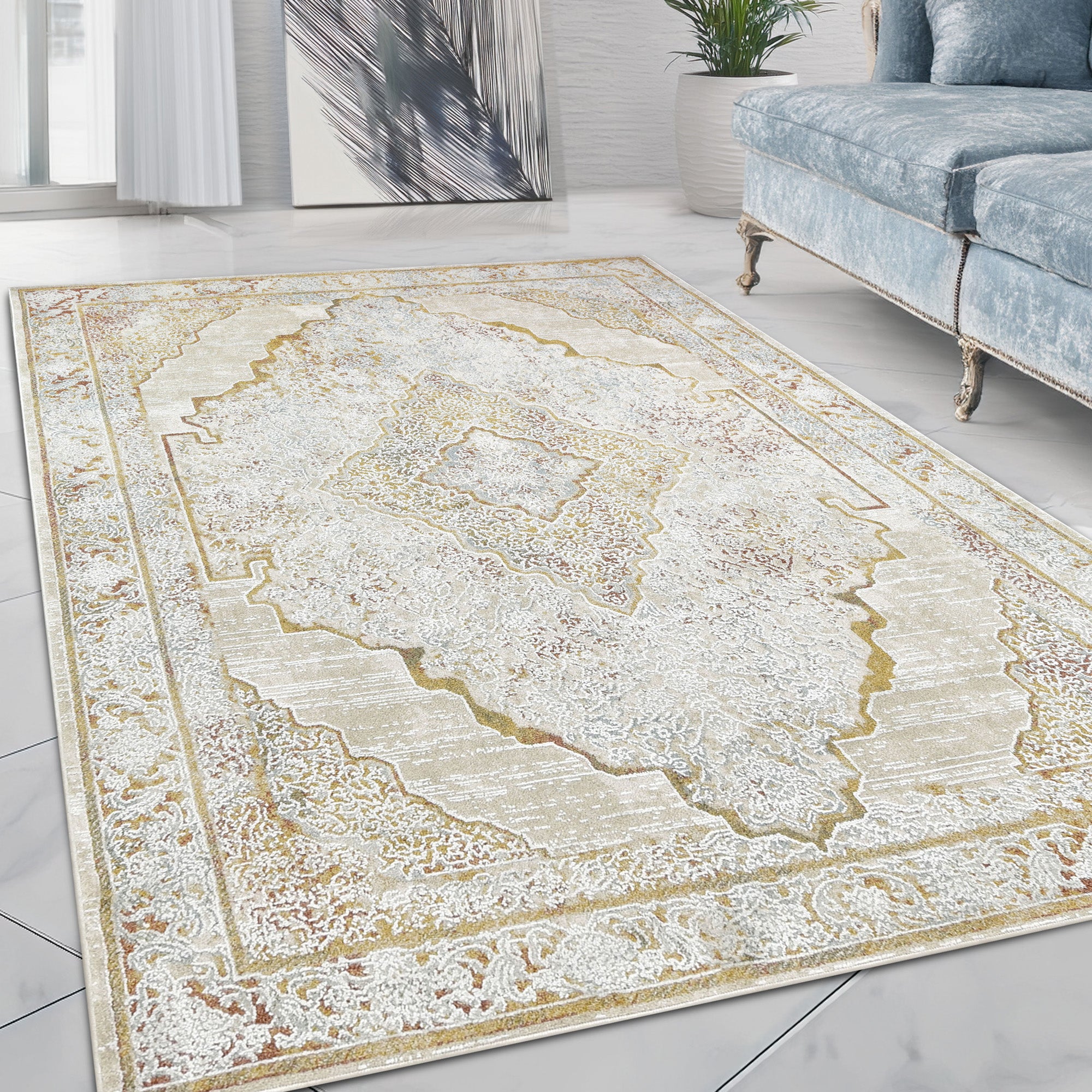Traditional beige and gray rug with multicolor accents