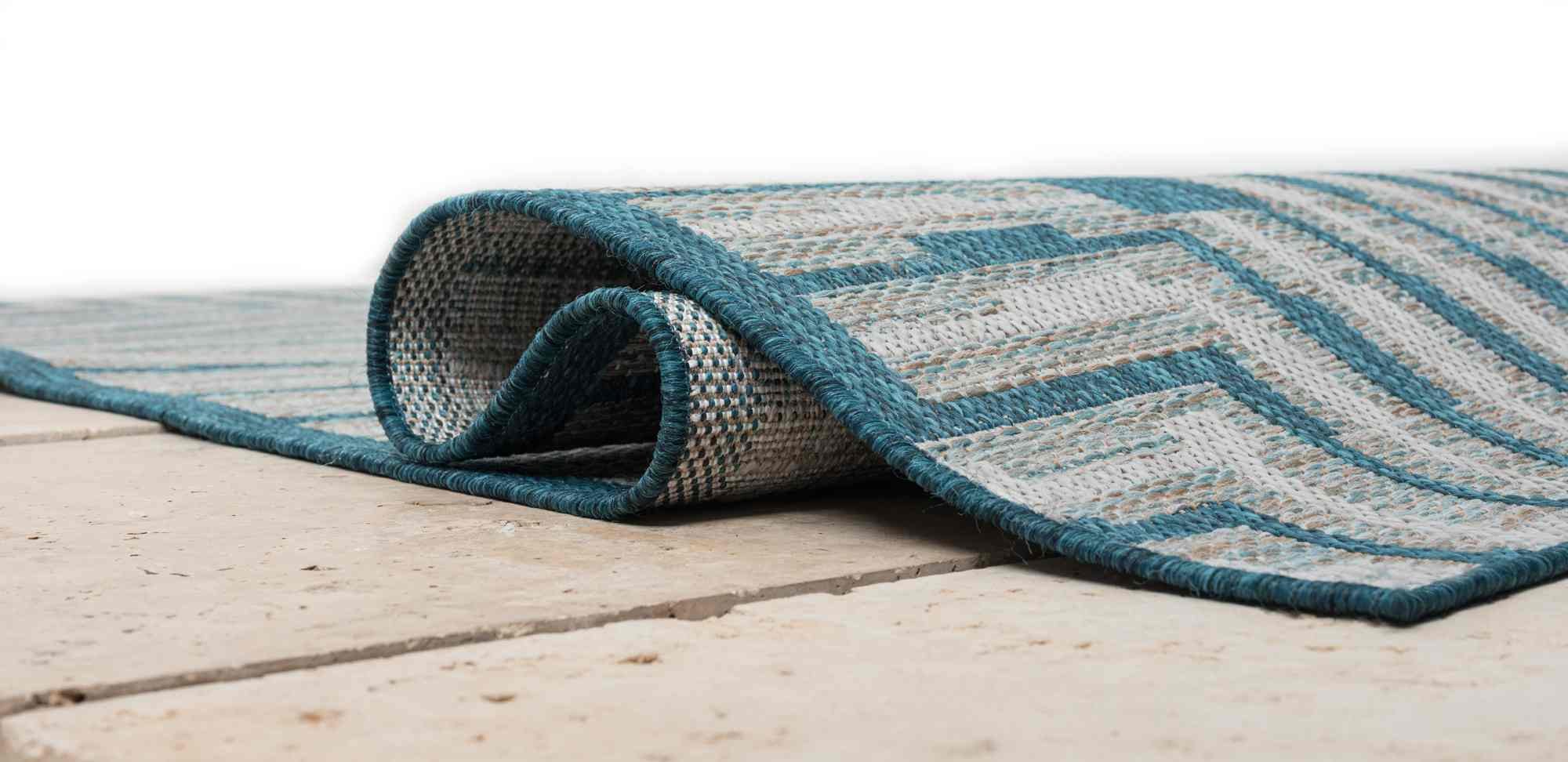Outdoor Rug for Patio or Porch – Waterproof, Stain-Proof – Geometric Stripes in Blue, Beige, Gray