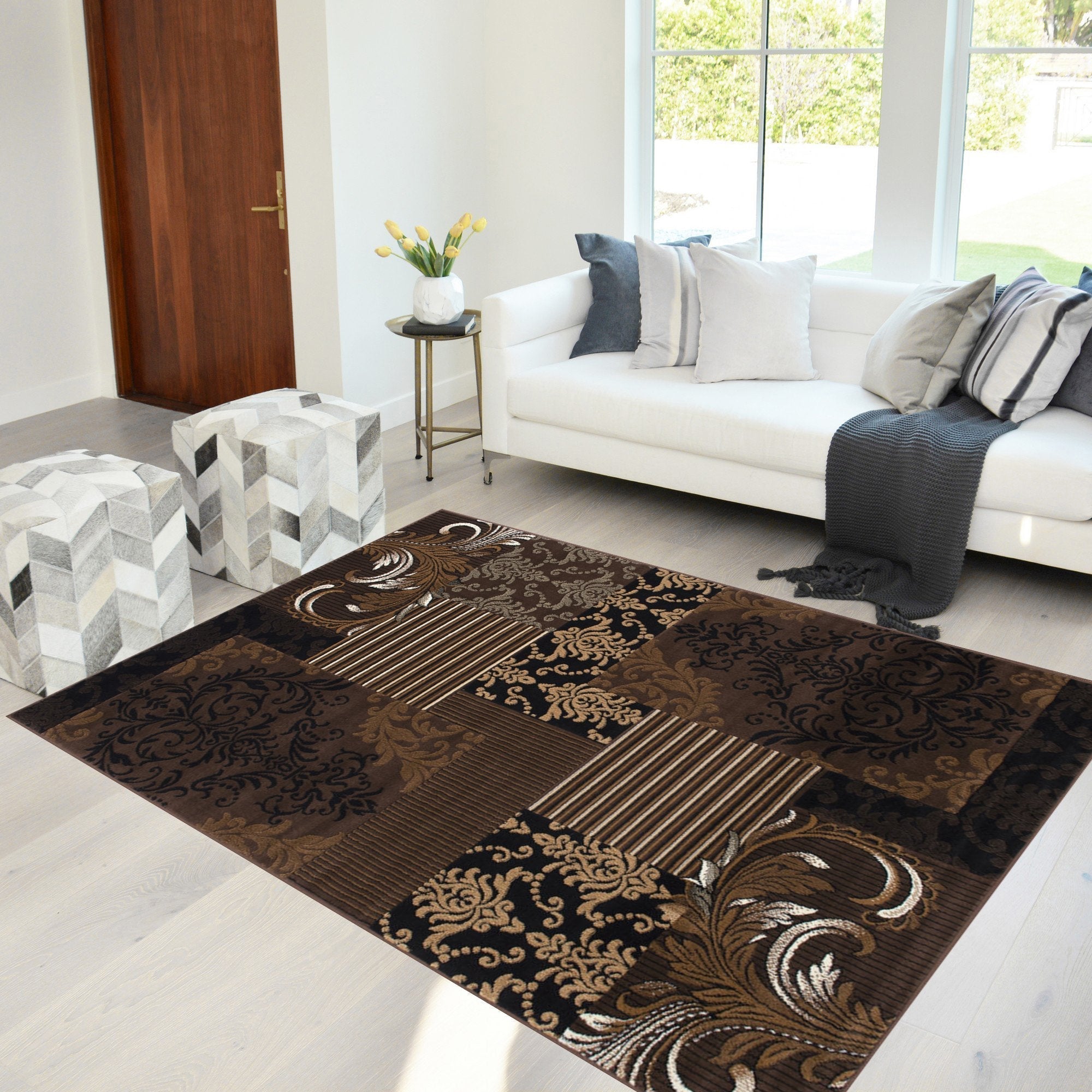 Brown Chocolate Beige Abstract Area Rug Modernpatchwork Pattern Frloral (7'8" X10')