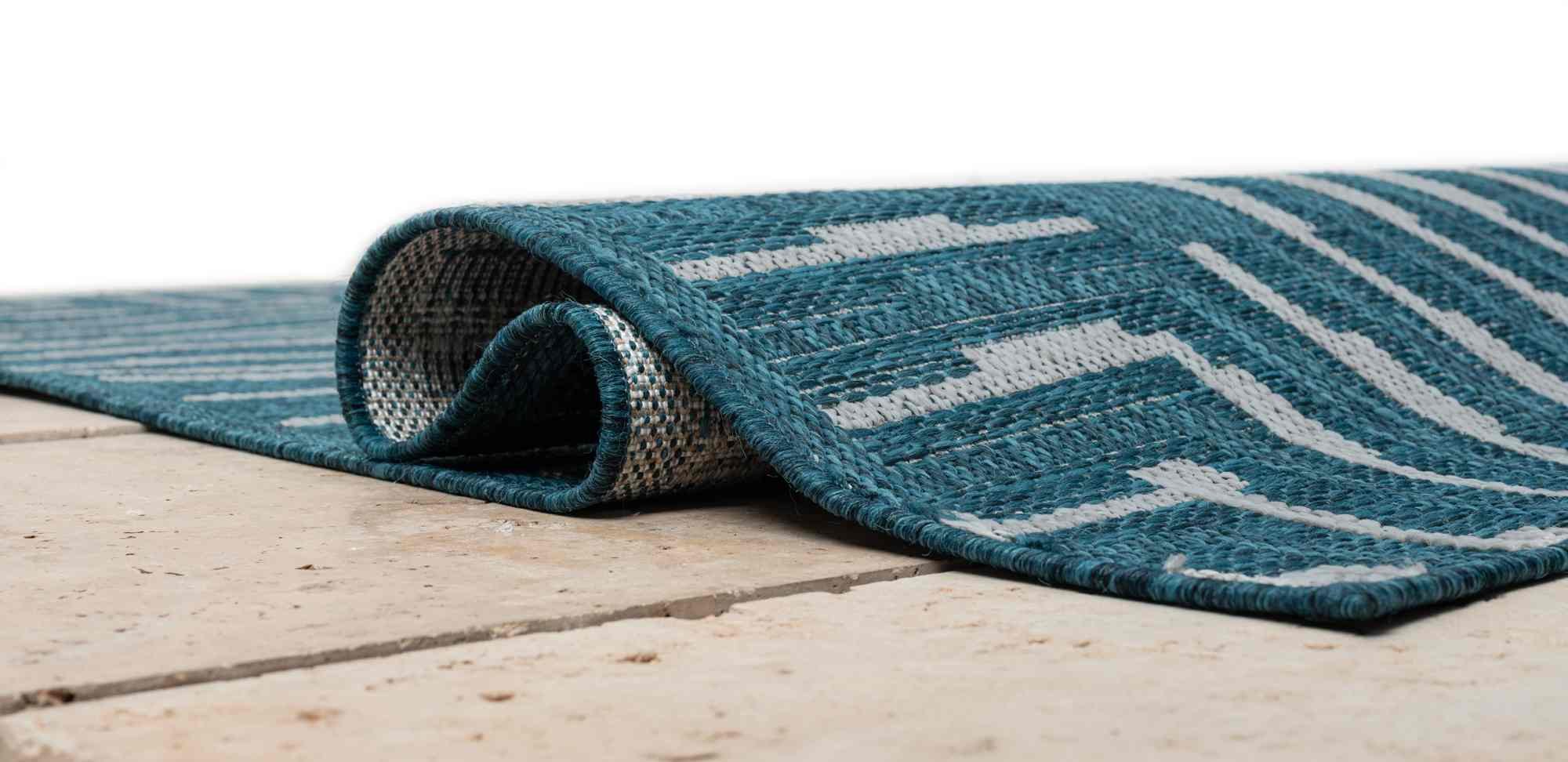 Outdoor Rug for Patio or Porch – Waterproof, Stain-Proof – Geometric Stripes in Blue, Beige, Gray