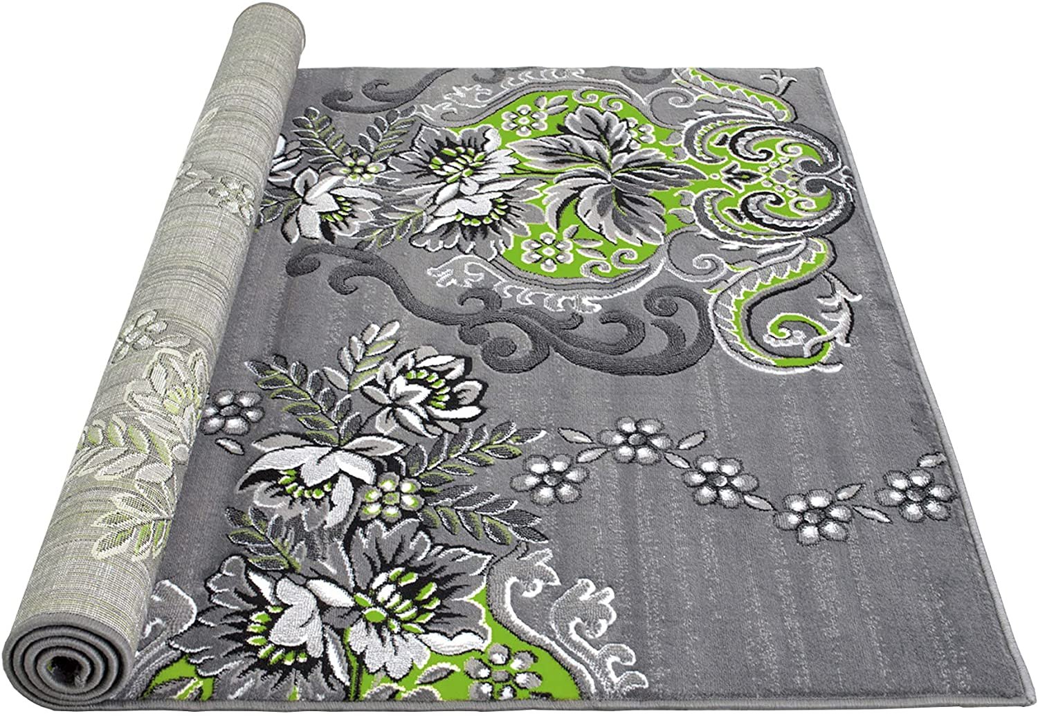 Electric Green /Grey/Silver/Black/Abstract Area Rug Floral